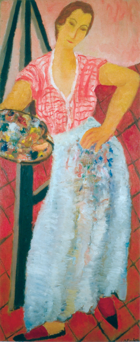 A master of color, Adriana Pincherle depicted herself holding an easel, after having wiped her paint-filled hands on her otherwise white skirt. 